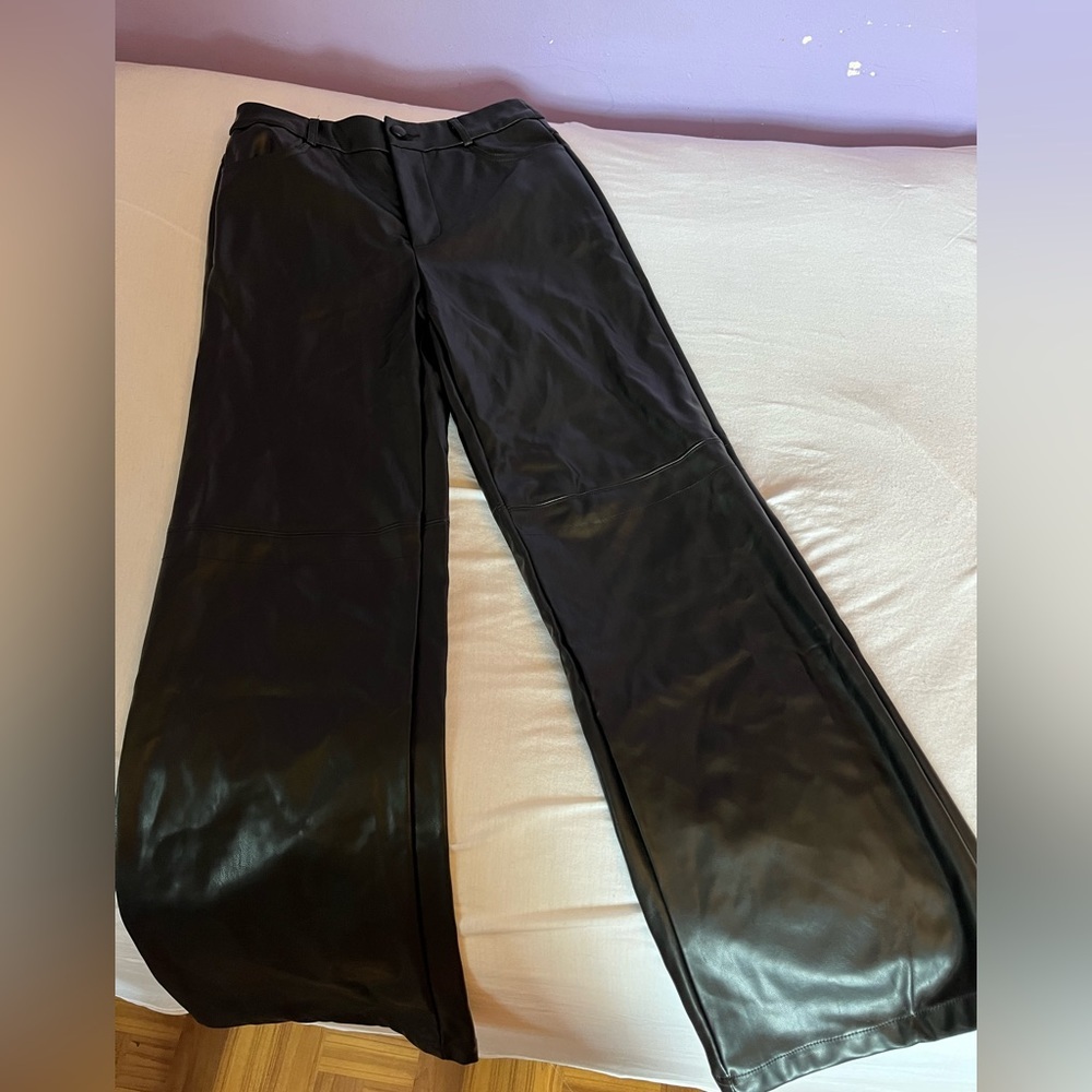 High Waist Faux Leather Straight Leg Pants with Pockets